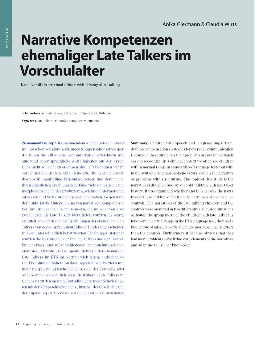 Narrative Kompetenzen ehemaliger Late Talkers im Vorschulalter