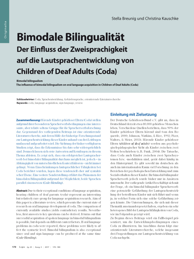Bimodale Bilingualität Der Einfluss der Zweisprachigkeit auf die Lautsprachentwicklung von Children of Deaf Adults (Coda)