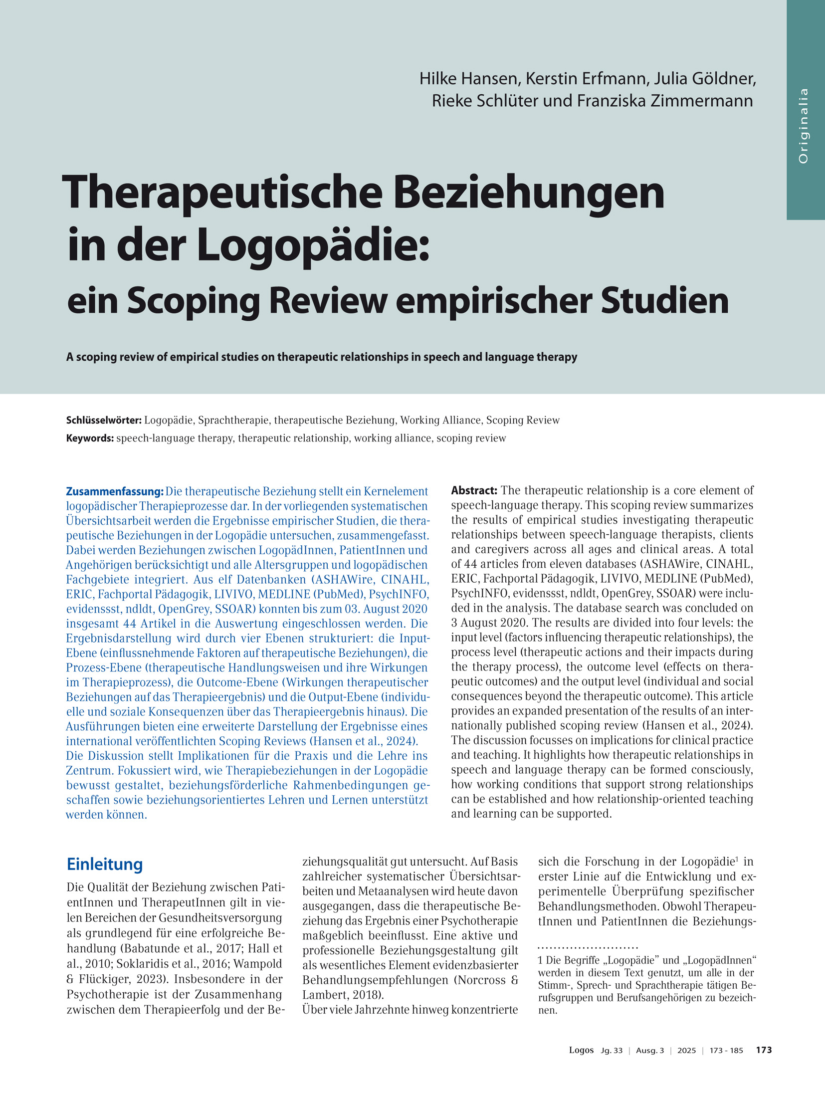 Therapeutische Beziehungen in der Logopädie: ein Scoping Review empirischer Studien