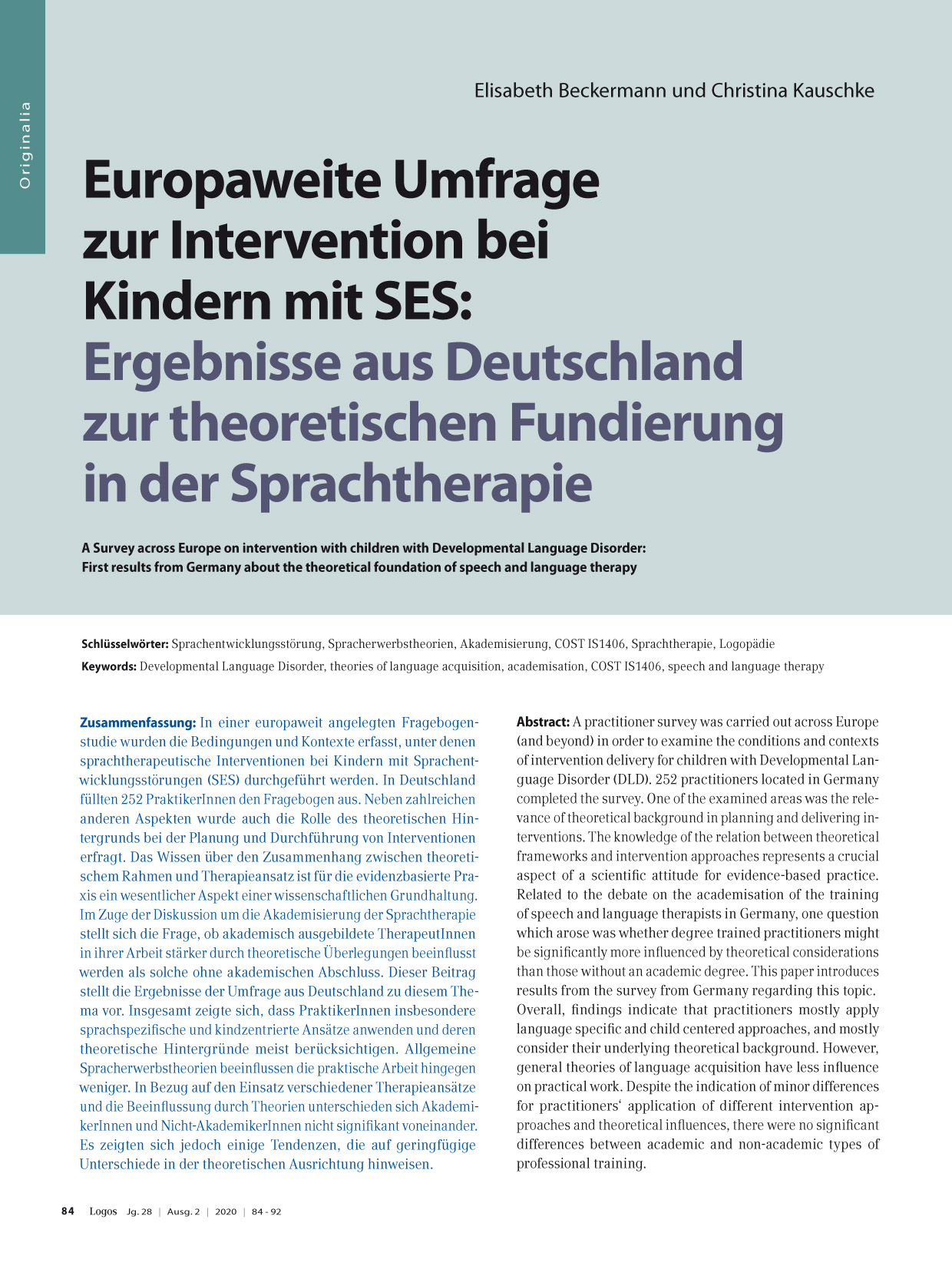 Europaweite Umfrage zur Intervention bei Kindern mit SES: Ergebnisse aus Deutschland zur theoretischen Fundierung in der Sprachtherapie