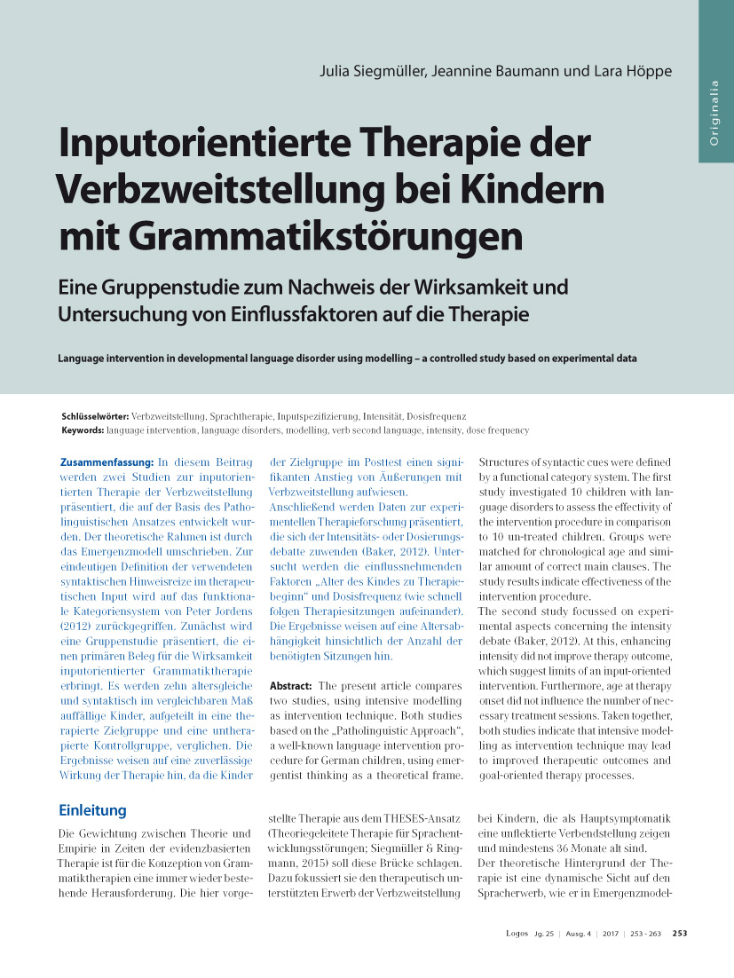 Inputorientierte Therapie der Verbzweitstellung bei Kindern mit Grammatikstörungen