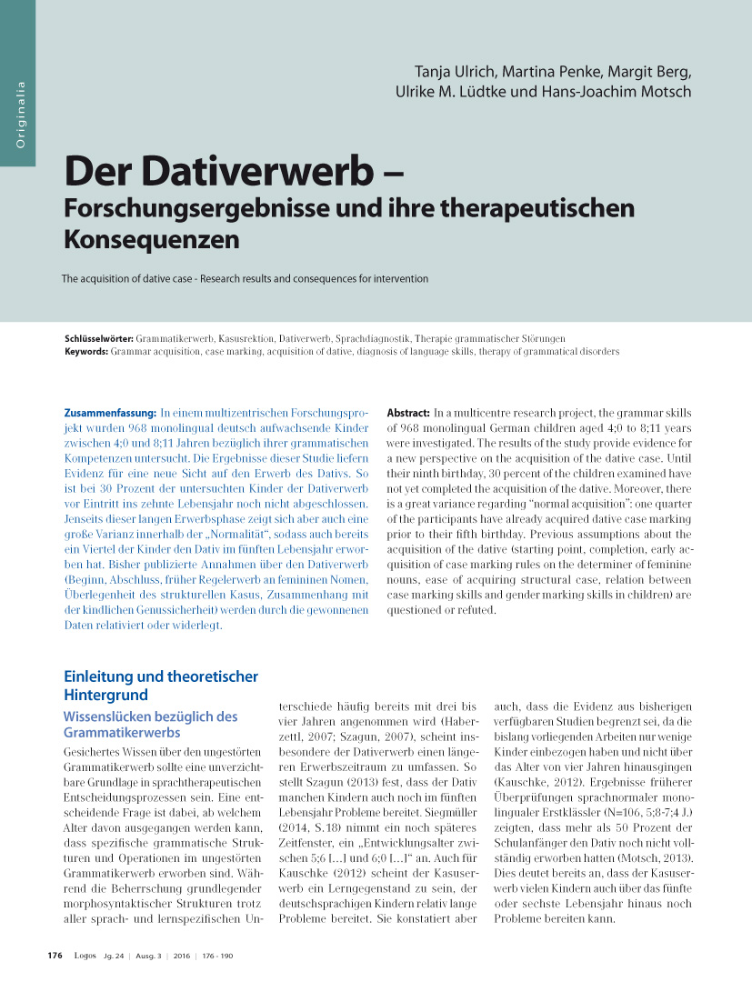 Der Dativerwerb – Forschungsergebnisse und ihre therapeutischen Konsequenzen"