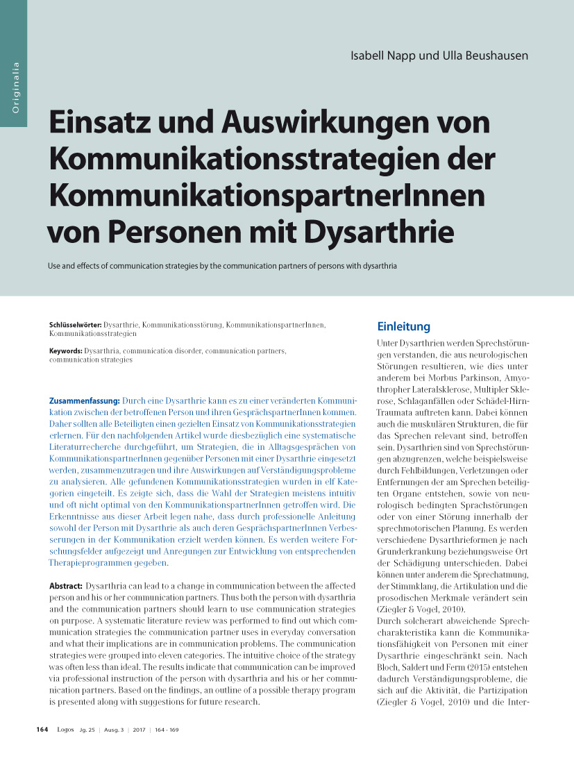 Einsatz und Auswirkungen von Kommunikationsstrategien der KommunikationspartnerInnen von Personen mit Dysarthrie