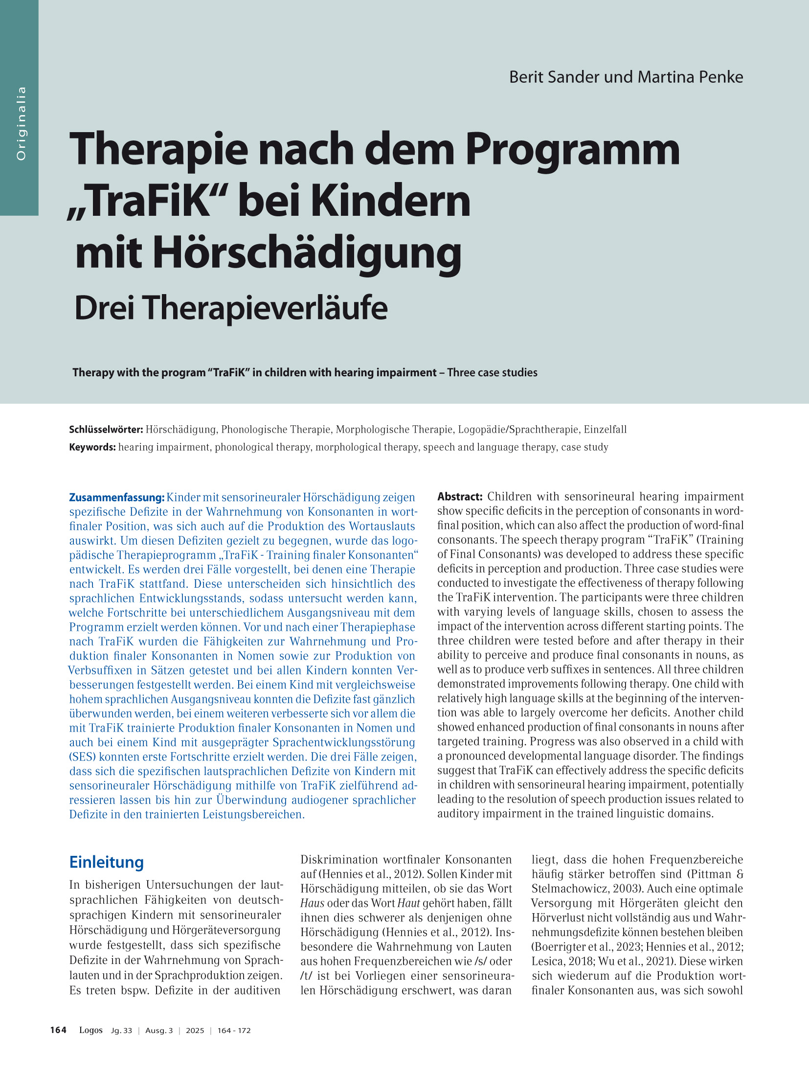 Therapie nach dem Programm „TraFiK“ bei Kindern mit Hörschädigung