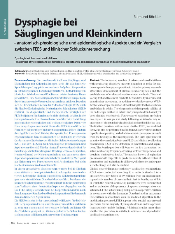 Dysphagie bei Säuglingen und Kleinkindern – anatomisch-physiologische und epidemiologische Aspekte und ein Vergleich zwischen FEES und klinischer Schluckuntersuchung