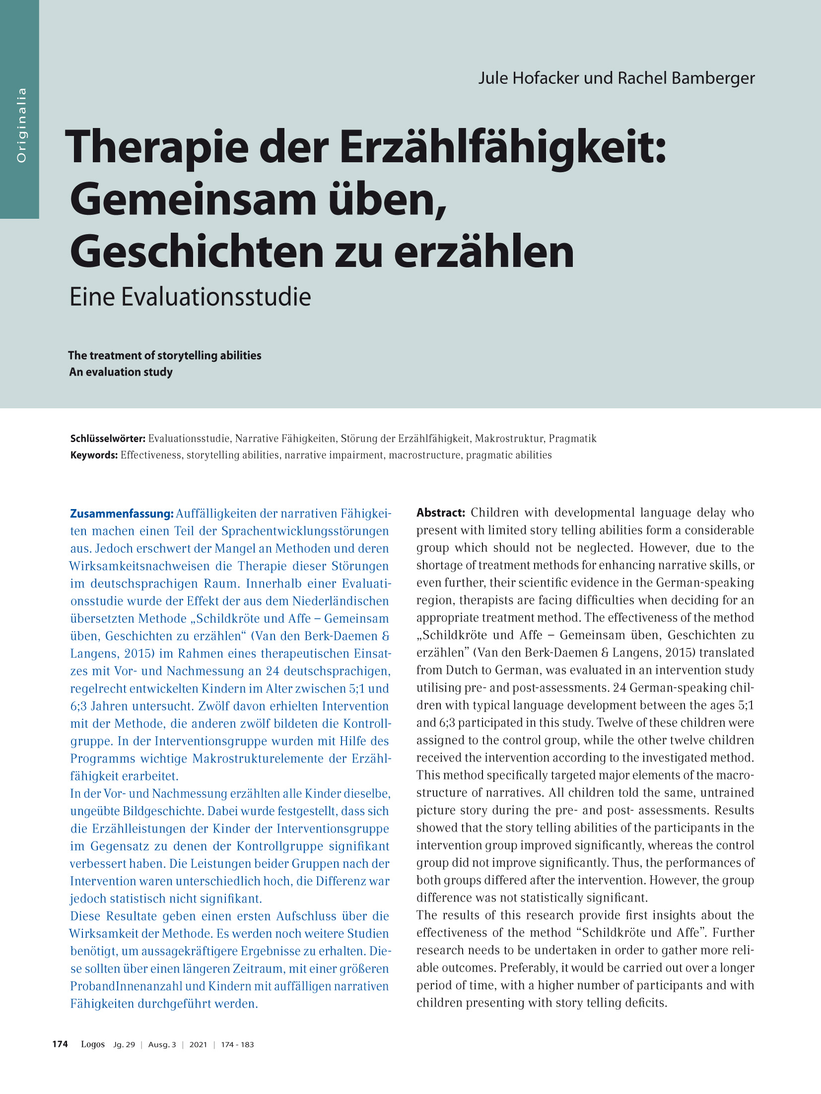 Therapie der Erzählfähigkeit: Gemeinsam üben Geschichten zu erzählen. Eine Evaluationsstudie