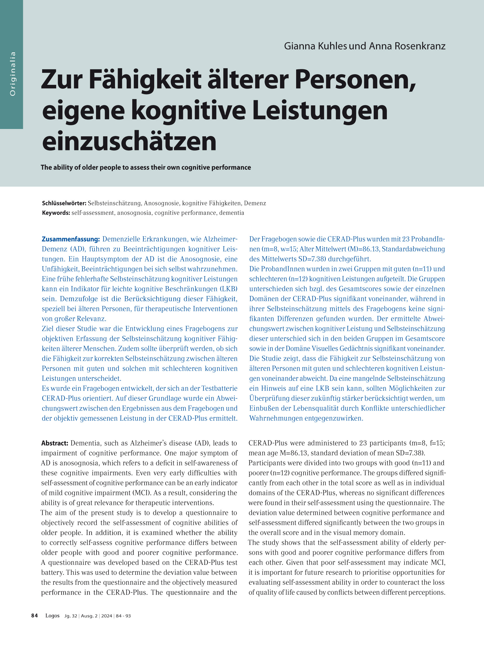 Zur Fähigkeit älterer Personen eigene kognitive Leistungen einzuschätzen