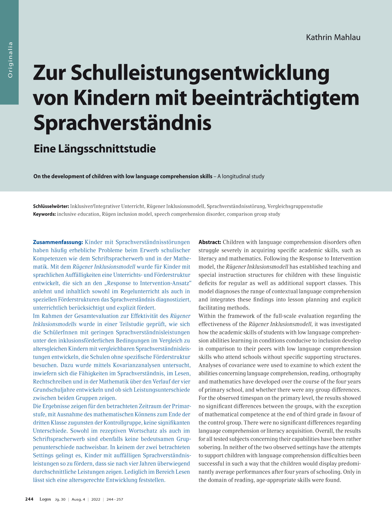 Zur Schulleistungsentwicklung von Kindern mit beeinträchtigtem Sprachverständnis - Eine Längsschnittstudie